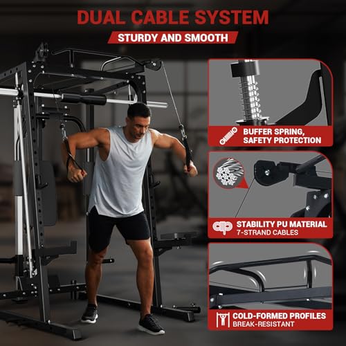 Garvee 2000LBS Smith Machine Home Gym, Multi-Function Power Cage Squat Rack with Cable Crossover & LAT Pulldown, Strength Training Equipment with 8 Weight Storage Pins and More (Plates Not Included)