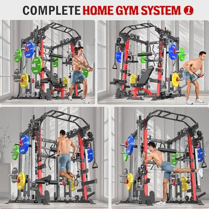 Smith Machine，Multi-Function Squat Rack Power Cage with Cable Crossover System,with Optional Weight Bench, Olympic Barbell Weight Set, for Home Gym
