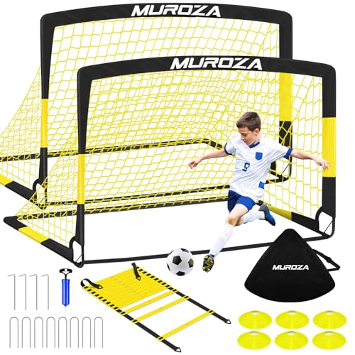 Kids Soccer Goals for Backyard Set, 2 Pack of 4x3 ft 6x4 ft Portable Pop Up Soccer Nets with Soccer Ball, Agility Ladder, Cones, Complete Training Equipment for Youth, Toddler Outdoor Sports Games