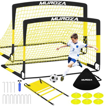 Kids Soccer Goals for Backyard Set, 2 Pack of 4x3 ft 6x4 ft Portable Pop Up Soccer Nets with Soccer Ball, Agility Ladder, Cones, Complete Training Equipment for Youth, Toddler Outdoor Sports Games