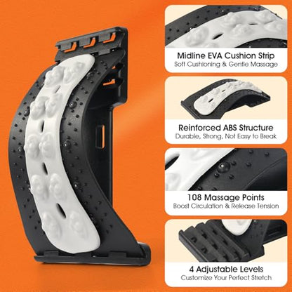 Premium Back Stretcher for Lower Back Pain Relief – 4-Level Adjustable Lumbar Support Board with Soft EVA Massage Strip – Durable & Portable Back Cracker to Release Tension and Reset Your Day (Black)