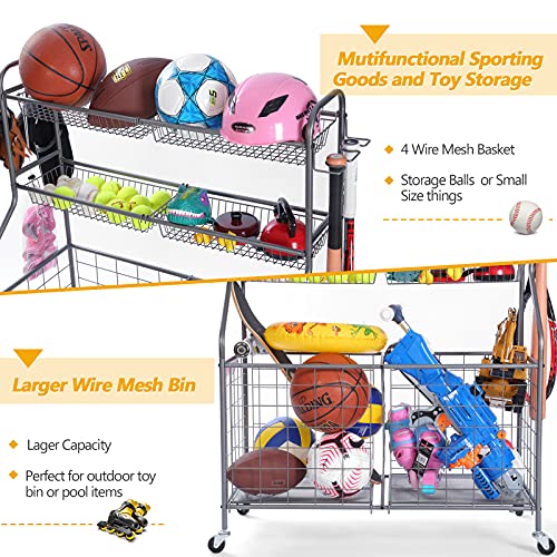Kinghouse Rolling Sports Equipment Organizer with Wheels, Garage Ball Storage Rack for Basketball, Toys, for Garage, Indoor, Gym, Outdoo, Includes Metal Storage Bin, Bat Holder, Hooks