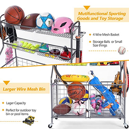 Kinghouse Rolling Sports Equipment Organizer with Wheels, Garage Ball Storage Rack for Basketball, Toys, for Garage, Indoor, Gym, Outdoo, Includes Metal Storage Bin, Bat Holder, Hooks