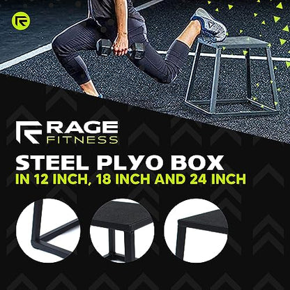 Rage Fitness Steel Plyo Box 12-18-24 Inch High Anti-Slip Pre-Assembled Plyometric Jump Box for Home Gym Conditioning and Strength Training (Sold Individually) Plyometric Platform Step