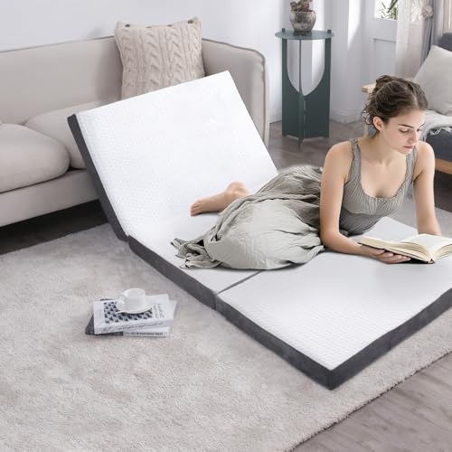 Folding Foam Mattress 4 Inches Foldable Floor Mattresses with Collapsible and Washable Cover, Portbale Travel Mat Tri-fold Guest Mattress Camping Sofa Bed