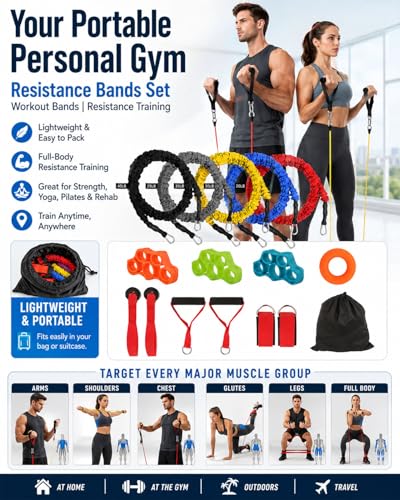 Resistance Bands Set with Protective Nylon Sleeves, 15-Pack Anti-Snap Exercise Bands (Up to 150 lbs), Heavy Duty Workout Bands with Handles, Door Anchor, Ankle Straps for Resistance Training
