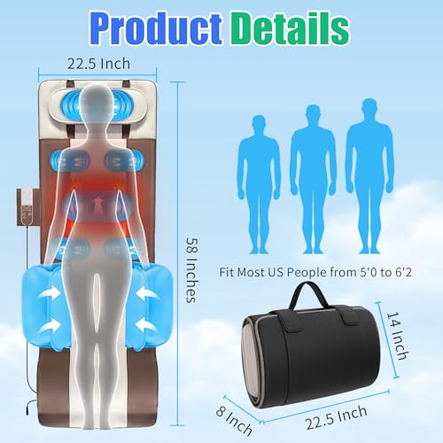 Full Body Massage Mat with Airbags Stretching & Heating, 3D Lumbar Traction & Relaxation, Back Massager Pad, 4 Modes 3 Intensities 3 Heat Levels, PU Leather, Portable & Foldable Design, Fit 5'1-6'0