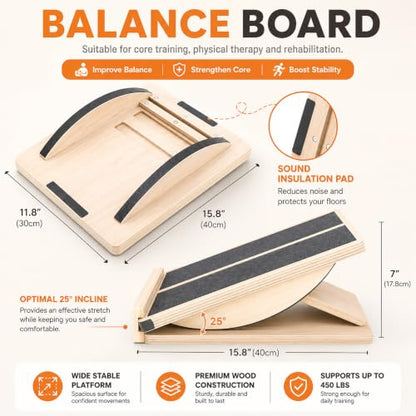 MUCITAGF 2-in-1 Professional Wooden Balance Board & Slant Board, 3 Angles