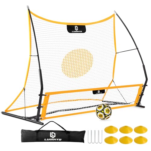 Soccer Rebounder Net, 2-in-1 Soccer Trainer, Soccer Training Equipment for Solo Passing Volley Control Practice, 6'x4.7' Large & 6'x16 Small Soccer Bounce Back Net with Ball, Carry Bag, Cones