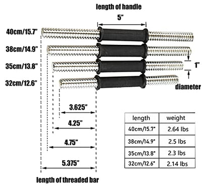 Threaded Dumbbell black Durable Rubber Handles/Adjustable Dumbbell Bar Handles 32/35/40cm(12.6/14.2/15.7Inch) - Fit 1 inch Standard Weight Plate Weightlifting Accessories - Sold in Pair