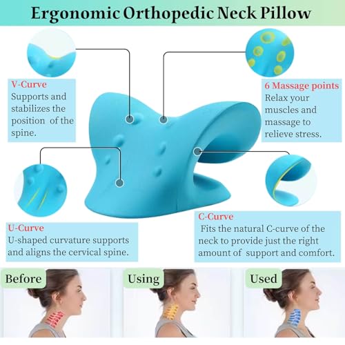 Neck Hump Corrector, Neck Stretcher Cervical Traction for Muscle Relax, Cervical Traction Device for TMJ Pain Relief, Spine Corrector, Shoulder Relief Device (Blue)
