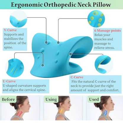Neck Hump Corrector, Neck Stretcher Cervical Traction for Muscle Relax, Cervical Traction Device for TMJ Pain Relief, Spine Corrector, Shoulder Relief Device (Blue)