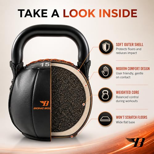 Bionic Body by Kim Lyons Soft Kettlebell with Handle | Soft Weight for Strength Training, Conditioning, Core & Full Body Workouts | Ergonomic Grip | Home Gym, Cross Training, HIIT & Functional Fitness Equipment - style: Orange - 15 LB