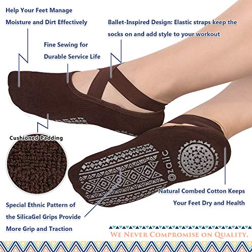 Ozaiic Pilates Socks for Women Non Slip Grip Yoga Barefoot Indoor Workout - color: 4p-coffee/Green/Black/Gray