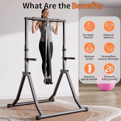 Foldable Power Tower Dip Station for Pull Ups, 66.1"-84.6" 12 Level 700 LBS, Adjustable Dip Handles & Assistance Bands Foldable Home Gym Equipment - color: 66"-85" with Dual Dip Handles & Assistance Bands