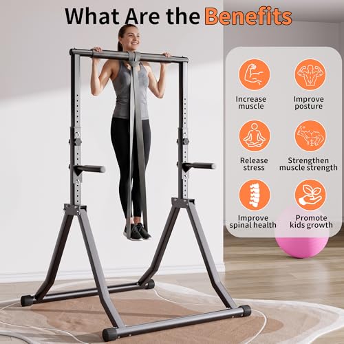 Foldable Power Tower Dip Station for Pull Ups, 66.1"-84.6" 12 Level 700 LBS, Adjustable Dip Handles & Assistance Bands Foldable Home Gym Equipment - color: 66"-85" with Dual Dip Handles & Assistance Bands