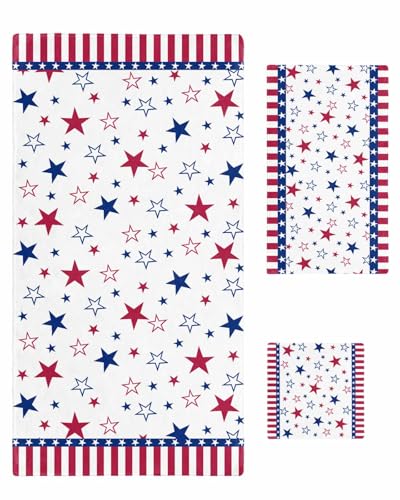 4th of July Bath Towels Set of 3 for Bathroom,Soft Absorbent Shower Beach Hand Face Hair Yoga Workout Gym Towel Dish Wahcloth,Blue Red Stripe Stars Independence Day Quick Dry Kitchen Bath Towels+Set