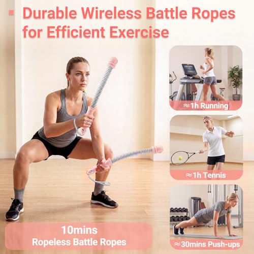 Adjustable Ropeless Battle Ropes for Home Gym-Cordless Training Rope Fitness Equipment for Men & Women,Portable Arm Exerciser Rope for Strength Building, HIIT and Low-Impact Aerobic Training (Pink)
