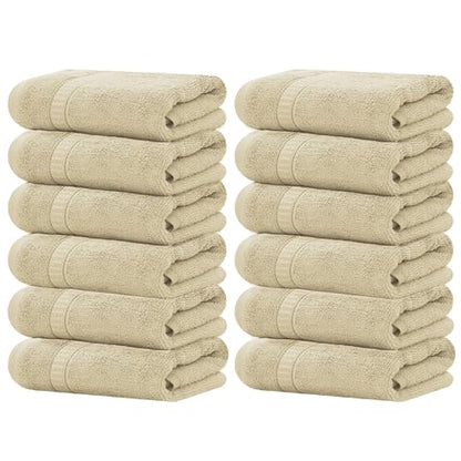 Luxury Wash Cloths Set of 12, Sand (13x13 Inches) 100% Ring Spun Cotton, Premium Feel with High Absorbancy Ideal Washcloths for Bathroom,Salon, Spa and Gym