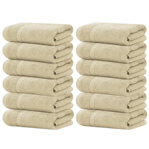 Luxury Wash Cloths Set of 12, Sand (13x13 Inches) 100% Ring Spun Cotton, Premium Feel with High Absorbancy Ideal Washcloths for Bathroom,Salon, Spa and Gym