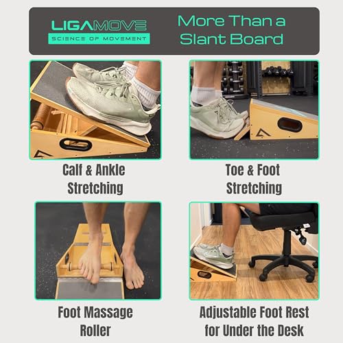 Adjustable Wooden Slant Board for Calf Ankle Achilles Stretching - Incline Board with Toe Stretch Pad and Foot Massager Roller