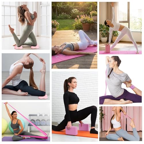 Foldable Yoga Mat and Blocks Set for Women with 2 Pack Yoga Blocks and Strap,Thin Non Slip Pilates Mat with Bag, Home Workout Equipment Essentials Starter Kit for Beginners Full Body Toning - color: Pink