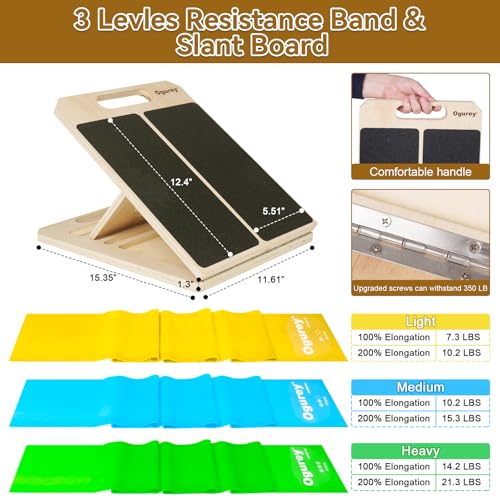 4 Pieces Slant Board with Exercise Bands, Premium Calf Stretch Board, Portable Adjustable Slant Board for Calf Stretching, 350LB Weight Capacity Calf Ankle Achilles Physical Therapy Leg Exercisers