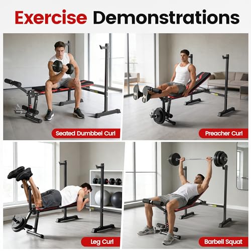 Weight Bench Set, 880LBS Adjustable Bench Press Set with Leg Extension and Barbell Rack, Safety Bar Catches, Fasting Foldable Workout Benches for Home and Gym
