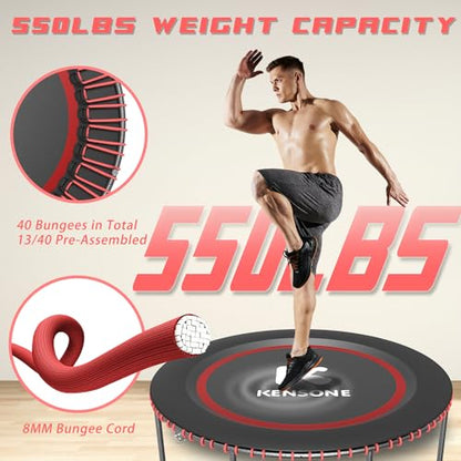 40/48" Low-Impact Rebounder Trampoline for Adults with Bungee, 450/550LBS Quiet Mini Exercise Trampoline with Adjustable U/T-Shaped Foam Handle Bar, Fitness Equipment for Indoor/Gym Workout - size: 48 inch, style: T-Bar