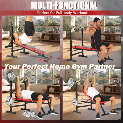 Standard Weight Bench Set with Foot Catch, Adjustable Bench Press Set with Squat Rack, Foldable Flat Incline Decline Workout Bench for Home Gym Full Body Training, 660LB Capacity (US Stock)