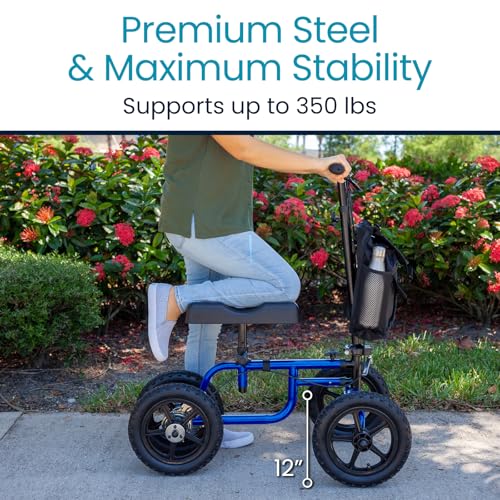 Vive Mobility All Terrain Knee Scooter Walker for Foot Injuries - Adult Broken Leg Crutch Cart Roller for Surgery, Broken Foot, Ankle Injury - Kneeling Rolling Steerable Seated Wheel Scooter Aid - color: Blue