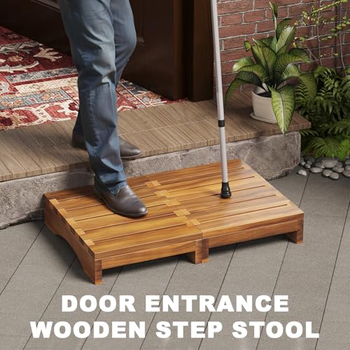 Wooden Platform Step Stool, 3.5" Height Acacia Wood Steps for Outdoor Use, Non-Slip Prefab Porch Steps for Outside, One Step Bed Platform for Adults and Elderly