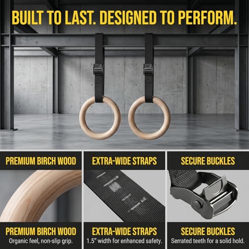 Gymnastics Ring, 32mm Wooden Olympic Gymnastics Ring, with a Digital Strap Length of 14.76FT that can be Quickly Adjusted, Suitable for Home Fitness and Strength Training Exercises