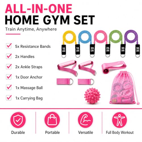 Resistance Bands Set with Handles - 5 Level Tubes (15-35 LBS), 12-Piece Home Gym Kit with Door Anchor, Ankle Straps & Massage Ball for Full Body Workout”