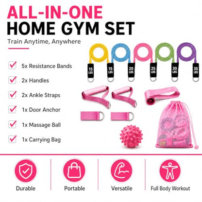 Resistance Bands Set with Handles - 5 Level Tubes (15-35 LBS), 12-Piece Home Gym Kit with Door Anchor, Ankle Straps & Massage Ball for Full Body Workout”