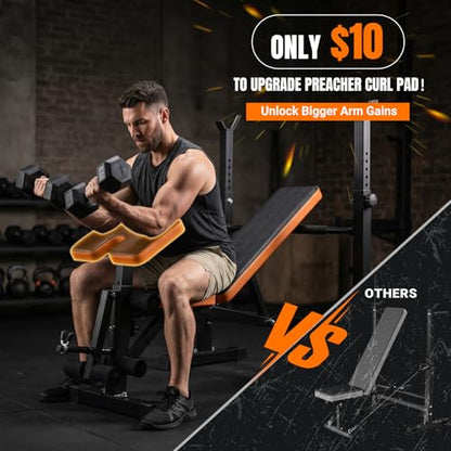 YOLEO 6 in 1 Space Saving Weight Bench Set for Home Gym, Fast Folding & Adjustable Workout Bench, Bench Press Rack/Leg Extension/Preacher Curl/Sit up(1-Step Folding) (Black)