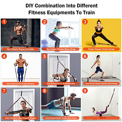 Portable Home Gym Resistance Band Set With8 Anti-Break Bands, Detachable 500LBS Pilates Bar, Full Body Workout Equipment w/Ankle Straps & Door Anchor - style: Black