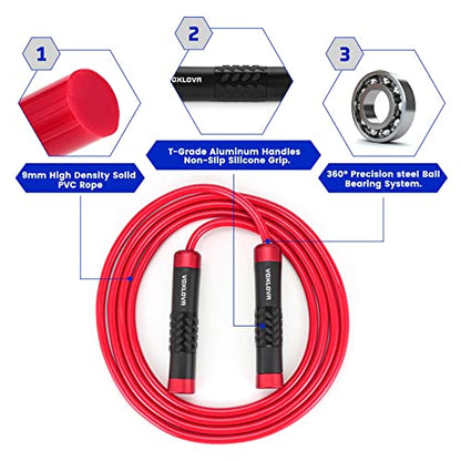 Weighted Jump Rope for Men Women - 1LB Heavy Jump Rope Weighted Skipping Rope for Adult Fitness Workouts Boxing Crossfit Cardio Weight-loss MMA, Non-Slip Aluminum Handles, Adjustable Length 9MM Solid PVC/Cotton Ropes - color: Bright red