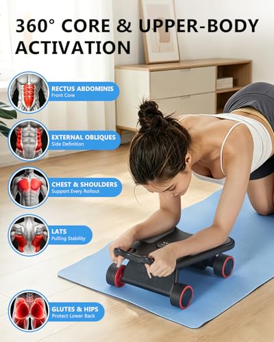 Ab Roller Wheel, Ab Roller, Upgraded Automatic Rebound Ab Roller with Elbow Support, Knee Mat & Timer, 4 Wheels Ab Workout Equipment for Core Strength Training, Silent Ab Wheel for Beginners Men Women Home Gym Fitness