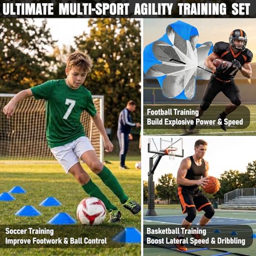 Agility Ladder, Agility Speed Training Equipment Set, 20ft Speed Ladder, 12 Soccer Cones, 4 Hurdles, Jump Rope, Running Parachute, Soccer Football Basketball Training Equipment Accessories - color: Blue