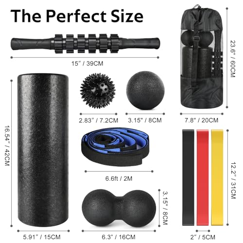 7 in1 Foam Roller Set for Deep Tissue Muscle Massager - High Density Back Roller, Muscle Roller Stick, Resistance Bands, Foot Massage Ball, Stretching Strap for Exercise, Whole Body Physical Therapy