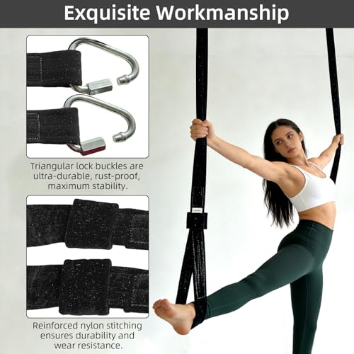 PRIOR FITNESS Aerial Straps Kit, Sparkling & No-Sparkling 3m/9.8ft Aerial Yoga Ropes for Trapeze w/SGS Certificate , Glitter Velvet Covers For Acrobtic Circus Props & Fitness with Wrist Lockers, and Carabiners (1 Pairs) - color: Glitter Black