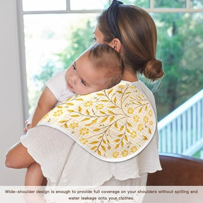 Yellow Leafy Botanical Muslin Burp Cloths 1 Pack - Extra Large 22"x11", 4-Layer Soft Absorbent Cotton, Waterproof Backing, Baby Drool Rags for Newborn