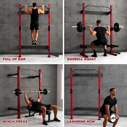 MU 2" x 2" Folding Squat Rack, 1100LBS Wall Mounted Power Rack with Adjustable Pull Up Bar, J Hooks, Landmine, Foldable Squat Rack for Home Gym, Garage, Training Studios (Black and Red)