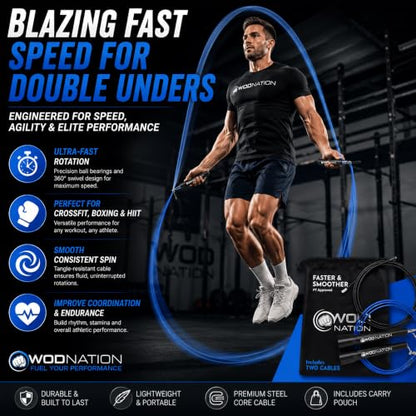 WOD Nation Adjustable Speed Jump Rope For Men, Women & Children - Blazing Fast Fitness Skipping Rope Perfect for Boxing, MMA, Endurance - color: Black