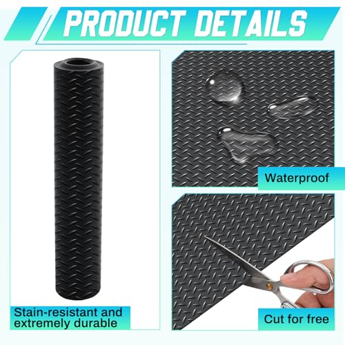 16 in x 20 ft Rubber Diamond Plate Rolls Garage Floor Mat for Under Car, Heavy Duty Flooring Rug for Trailers Garage, PVC Water/Stain Outside Stall Resistant Parking Rv Tool(Black)