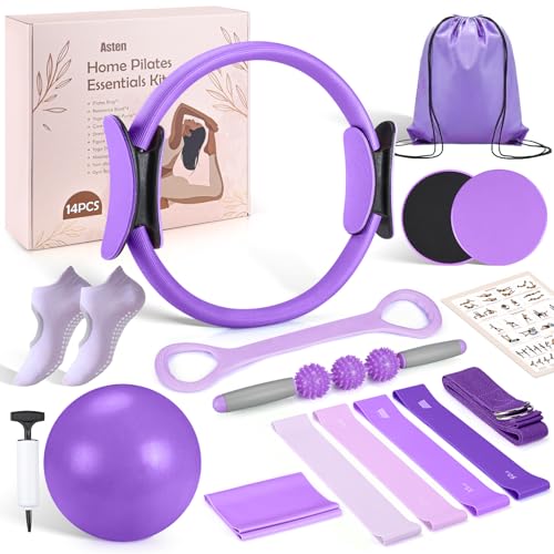 Asten Home Pilates Kit for Women: Pilates Equipment Pilates Ring and Ball Set with Resistance Bands, Core Slider, Foam Roller, Pilates Essentials Kit for Beginner Home Workout, Compact Toning Fitness - color: Purple