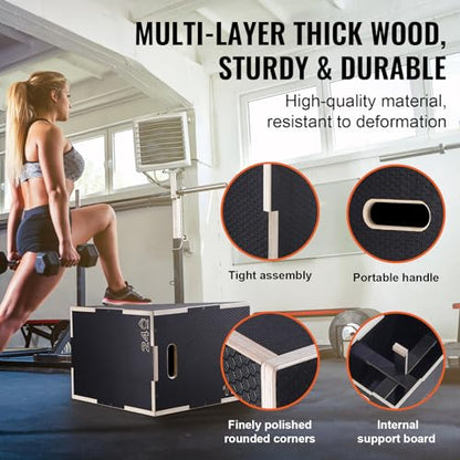 VEVOR 3 in 1 Plyometric Jump Box, Easy-to-Assemble Wood Plyo Box for Jumping Trainers, Home Gym Training and Conditioning - style: 24"x20"x16"