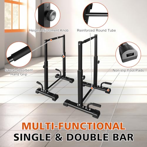 Dip Bar Station Set | 1200LBS Heavy-Duty Parallettes Bars with 6-Level Adjustable Pull-Up Bars | Full-Body Workout Fitness Equipment | Extra Push-Up Handles Included | Sturdy Steel Frame with Non-Slip Feet | Ideal for Home Gym, Calisthenics & Strength Tra