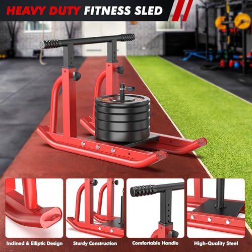 Weight Sled, Heavy-Duty Push Pull Sled, Adjustable Height Handle, Workout Fitness Sled for Training- Running Speed, Agility, Soccer, Football, Strength, Crossfit- Suitable for 1" & 2" Plates